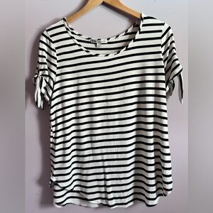 Green Envelope Black And White Striped Knotted Sleeve T-Shirt Top Size Medium